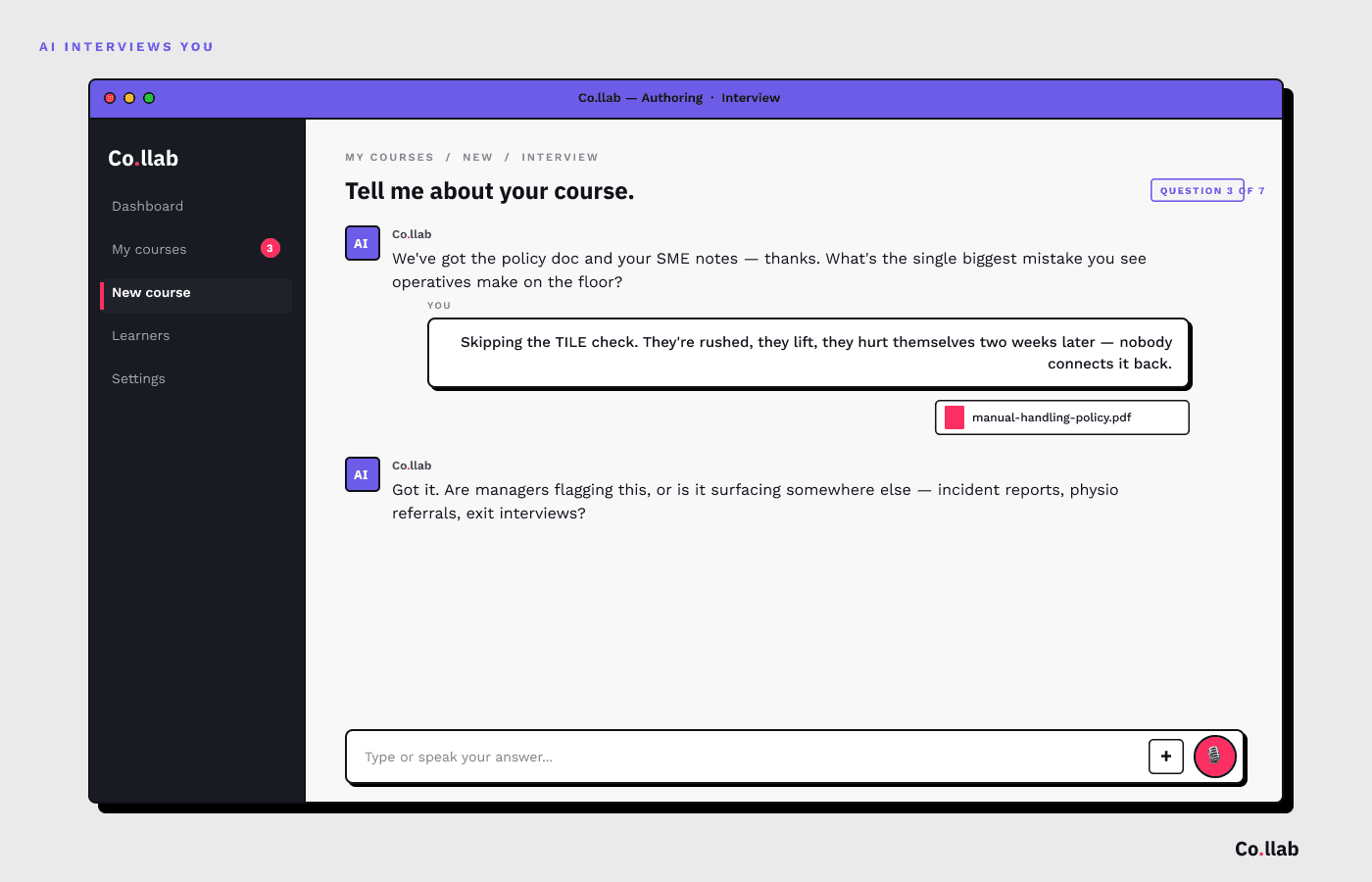 Co.llab's Socratic interview interface — an AI chat asking contextual questions about the course topic, audience, and learning outcomes.