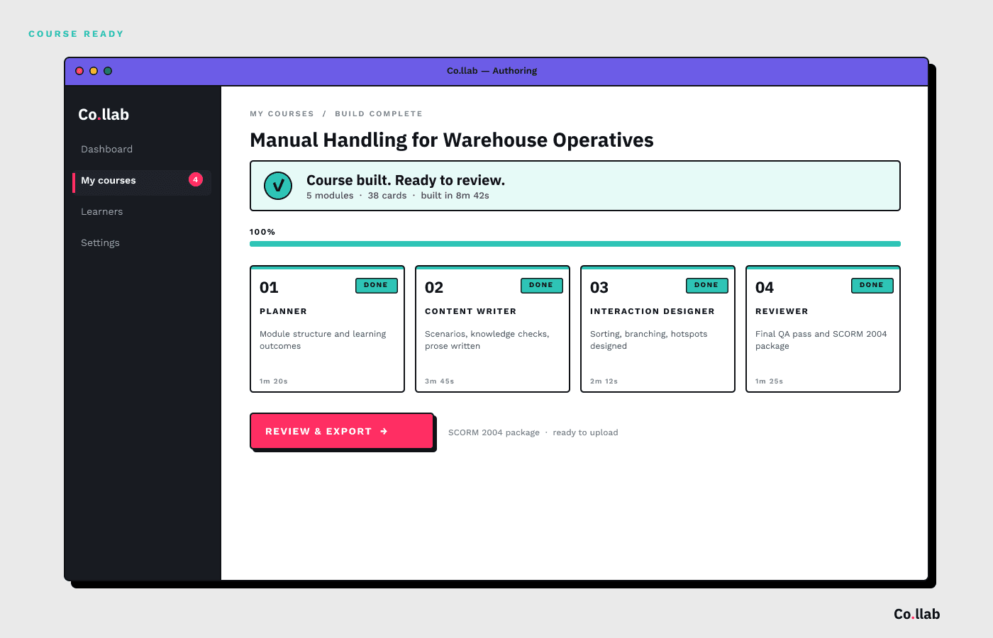 Co.llab's build screen showing four specialist AI agents collaborating to produce a finished course — with live progress indicators.