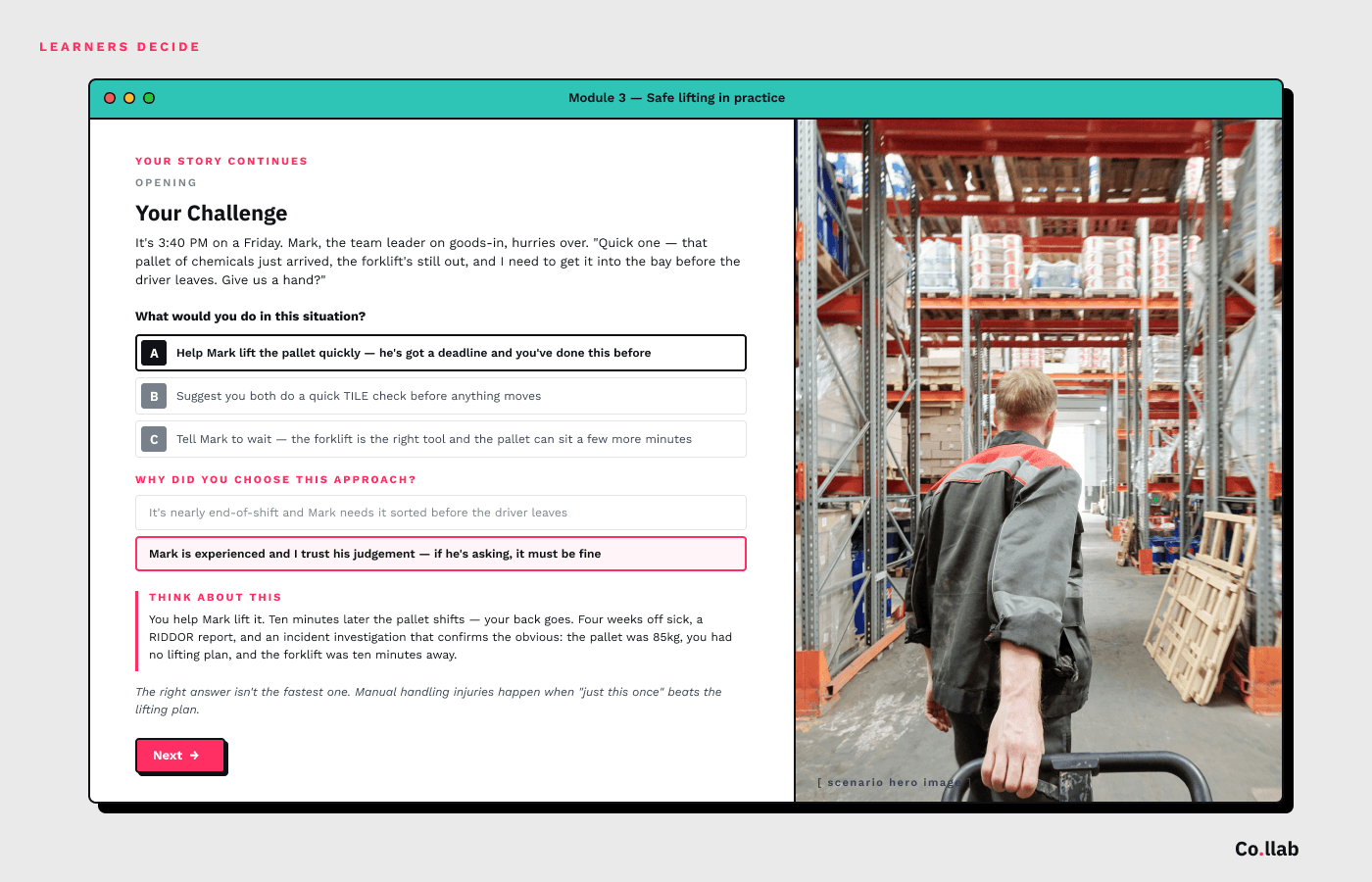 A branching scenario card from a Co.llab-generated course — showing a workplace situation, the learner's choice options, and the reasoning behind each path.