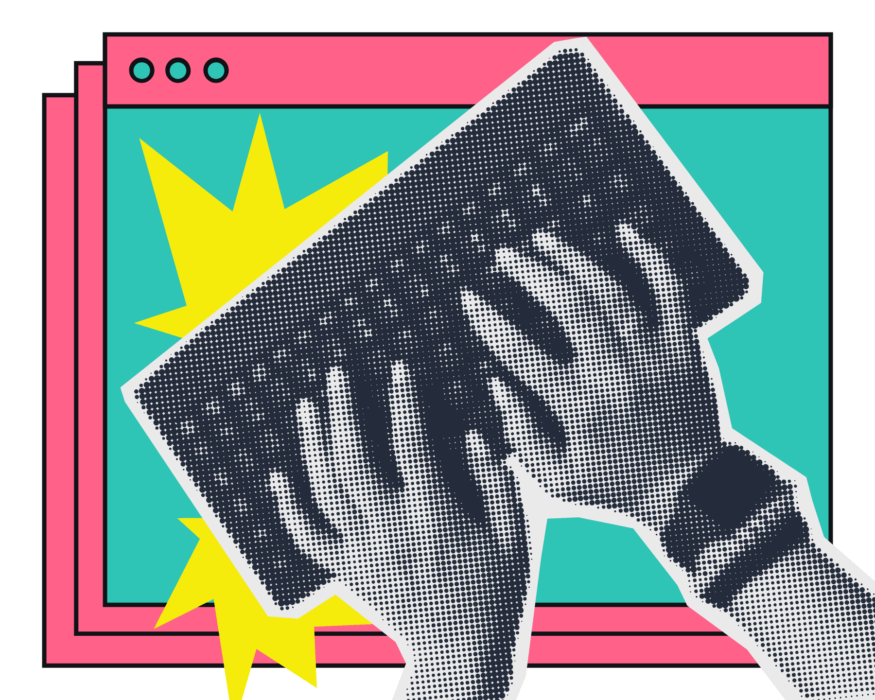 Illustration: a laptop tilting out of stacked browser windows, hands typing on the keyboard, yellow burst shapes adding kinetic energy.